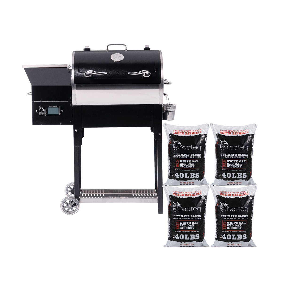 Front facing of the RT-340 wood pellet grill and 160 pounds of recteq's Ultimate Blend Wood Pellets.