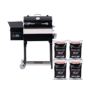 Front facing of the RT-340 wood pellet grill and 160 pounds of recteq's Ultimate Blend Wood Pellets.
