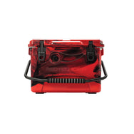 Front facing 20 quart Red and Black ICER cooler with handle down in front and lid closed.