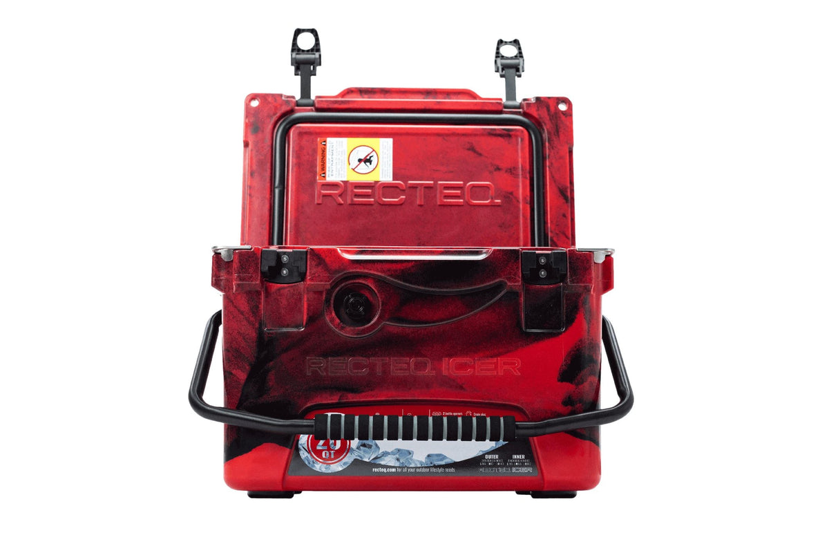 Front facing 20 quart Red and Black ICER cooler with handle down in front and lid open.
