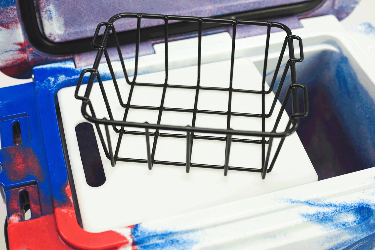 Zoomed inside of 20 quart Red, White, and Blue RECTEQ ICER cooler with integrated cutting board/divider and storage basket.