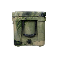45qt Camo RECTEQ ICER showing the 1" wide removable nylon handles w/molded rubber grip & the Leak-proof rapid flow drain spout