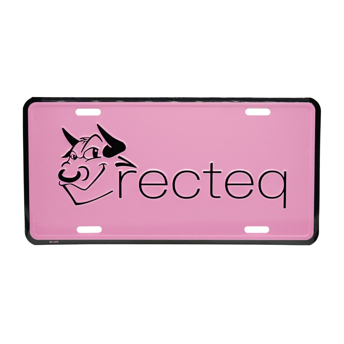 Pink aluminum license plate with recteq logo centered and in black.