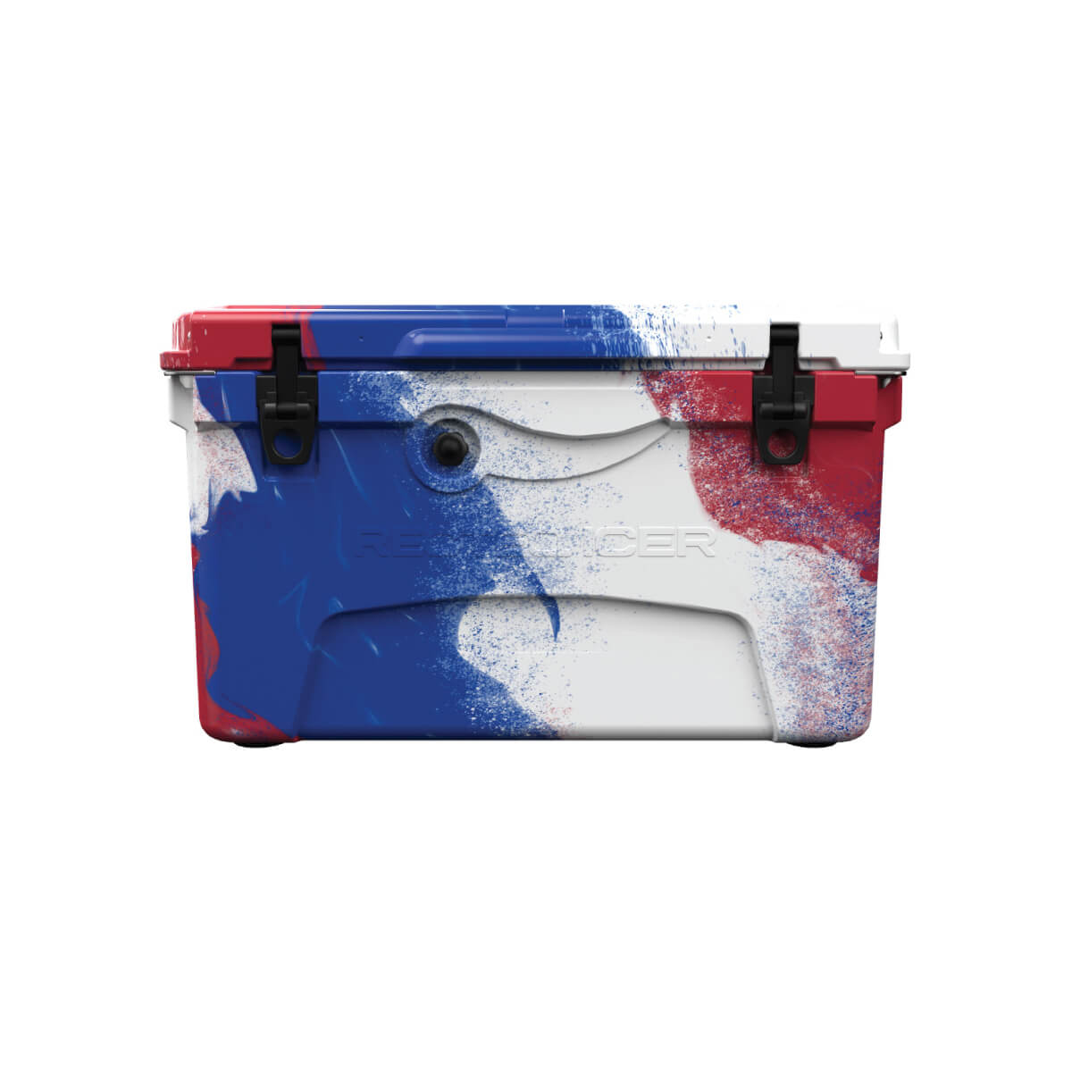 Front facing 45qt Red, White, and Blue RECTEQ ICER cooler and lid closed.