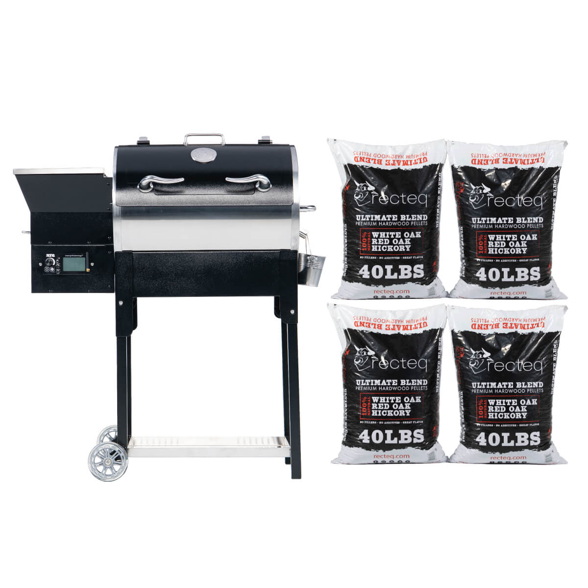 Front facing of the RT-340 wood pellet grill and 160 pounds of recteq's Ultimate Blend Wood Pellets.