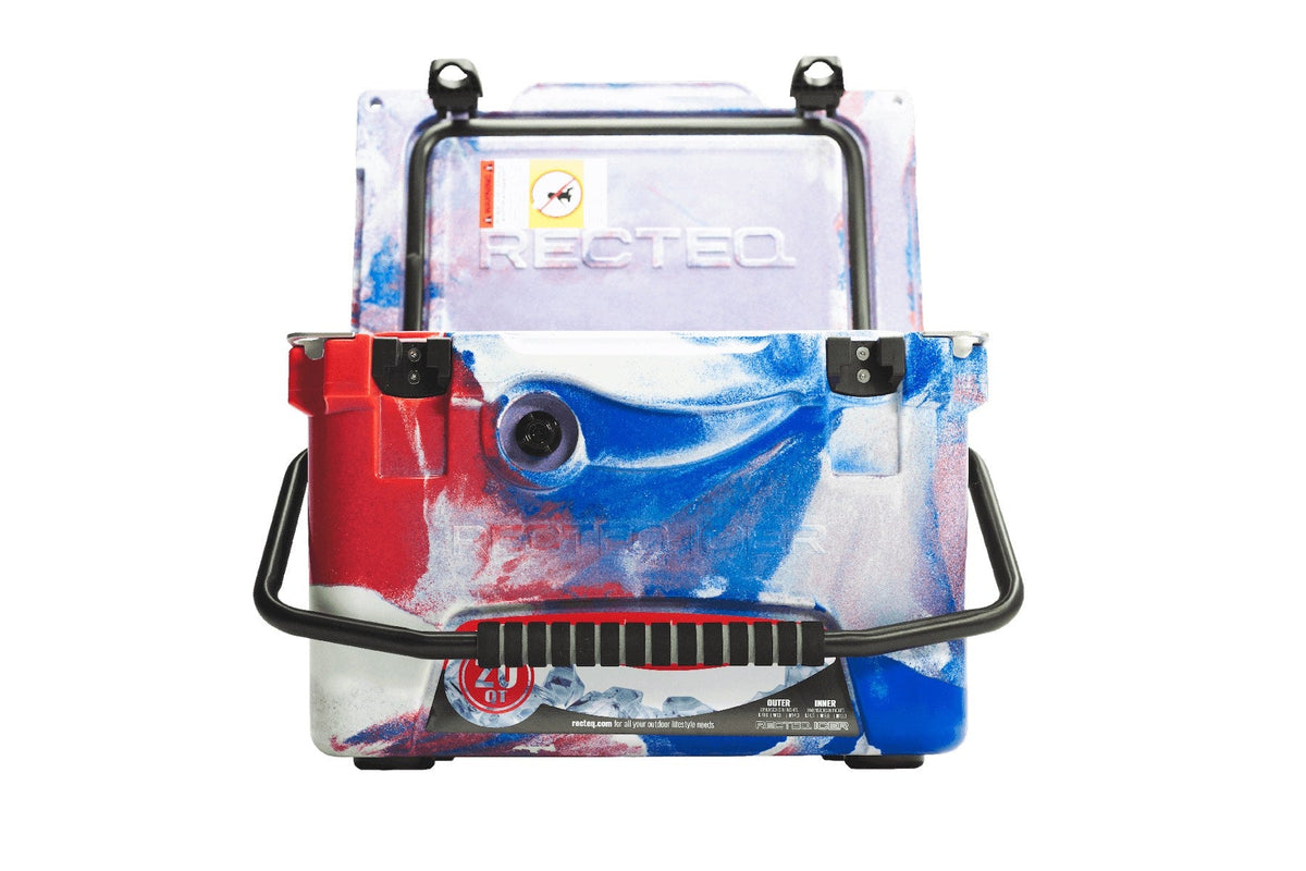 Front facing 20 quart Red, White, and Blue ICER cooler with handle down in front and lid open.
