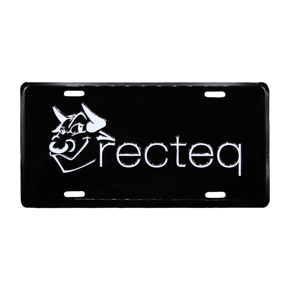Black aluminum license plate with recteq logo centered and in white.